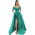 Elegant emerald green off-shoulder satin gown with high slit and flowing A-line silhouette - US 2 / Verdant