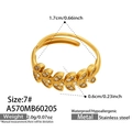 Detailed view of leaf pattern 18K gold plated ring with zircons and size specifications - US 7 / Gold Leaf Zircon Style