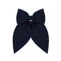 Satin handmade dark blue hair bow clip with long ribbons in solid minimalist style - Dark Blue