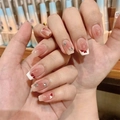 French gradient press-on nails in nude pink with white hearts and rhinestones - HY269 French Gradient Heart Rhinestone