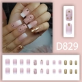 Pink and white gradient press-on nails set with 3D floral accents and golden glitter - Pink White Gradient French 3D Floral Rhinestone Style (D829)