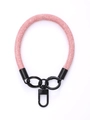 Short pink braided phone wrist strap with black metal rings and swivel hook detail - Brick Orange