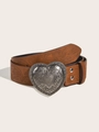 Dettaglio di cintura in pelle marrone con motivo paisley e fibbia argentata a forma di cuore - Pelle Stampata a Rilievo / Marrone / Fibbia a Cuore in Argento Antico
