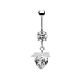 Detail of silver belly ring with sparkling zircon heart, bow tie, and polished chain - Bow Combination / Silver