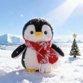 Plush penguin toy with red and white scarf on snowy background for winter decor - Red Large Snowflake Scarf Style / 20cm