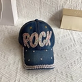 Macro detail of denim baseball cap with crystal ROCK lettering and sparkly rhinestones - Adult, Adjustable / Denim Blue ROCK