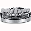 Men's 4-piece bracelet set featuring crown charm, cubic beads and Roman numeral cuff - Silver Set 4pcs (Crown + Cube + Tube + Roman Bangle)