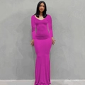 Primer plano de vestido maxi ajustado de manga larga en color púrpura rosa elástico - XS / Tops / Estilo de manga larga / Rosa rojo