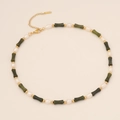 Bamboo-style necklace with green natural stones, pearls, and gold-plated stainless steel - Dark Green Stone