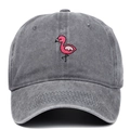 Vintage washed grey baseball cap featuring pink flamingo embroidery and cotton denim texture - Adjustable / Gray