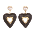 Golden heart earrings featuring black enamel drip and sparkling clear zircon stones - Black Heart / Black