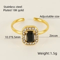 Adjustable 18K gold plated stainless steel ring with a rectangular black zircon - Adjustable Open / Black