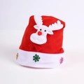 Close-up of red light-up Christmas hat with plush reindeer applique and sequin snowflakes - Adult Non-Glow Reindeer