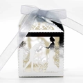 Silver laser cut wedding favor box with bride groom silhouette and Thank You ribbon - Reflective Silver