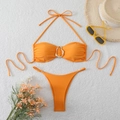 Detail of vibrant orange bikini featuring a gold metal ring and textured pleats - S / Orange Red