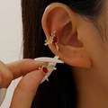 Golden hummingbird drop earrings with red heart gems and green rhinestones - KC Gold Red Hummingbird Ear Cuff (A-155)