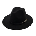 Elegant black wool fedora hat with a wide brim and decorative gold chain band - Black