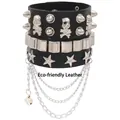 Punk multilayer PU leather wide bracelet with silver skull charms, studs and metal chains - Black Set (Eco-leather)