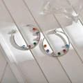Elegant large C-shaped silver hoop earrings with six colorful sparkling round zircons - Colorful Silver