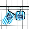 Blue striped heat resistant oven mitt and pot holder set with cooking passion slogan - Blue Striped/Cooking Passion