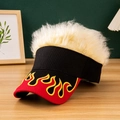 Black sun visor with red flame embroidery and golden synthetic hair wig hairpiece - Black + Light Yellow Hair