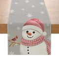 Grey Christmas table runner featuring a snowman with pink hat and cardinal bird print - Gray Snowman Pattern