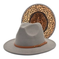 Grey wool jazz fedora hat with brown leather belt and leopard print lining - M (56-58cm) / Light Gray