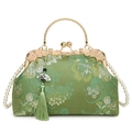 Sac à main brodé vintage en soie florale verte avec bandoulière en perles - Vert