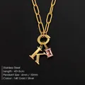 14K gold plated stainless steel necklace with letter K and pink crystal pendant charm - Letter K