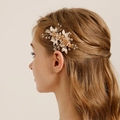 Golden bridal hair clip with sunflowers, pearls and crystals worn on model's side hair - 2# Gold Hair Clip
