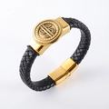 Bracciale da uomo in pelle nera intrecciata con ciondolo dollaro dorato e chiusura - Oro