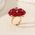 Adjustable gold ring featuring a cluster of red pearls and sparkling rhinestones - Adjustable Open / KC Gold-Red