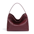Deep red woven leather hobo bag with signature criss-cross pattern and shoulder strap - Burgundy