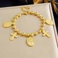 Bracelet rétro à perles dorées avec médaillons de Saint Joseph et croix sur boîte à bijoux - Bracelet Religieux (B1948)