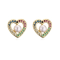 Pair of heart-shaped 18K gold-plated earrings with pearls and multi-colored zircons - Gold Multi-color Pearl