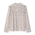 Floral chiffon top with ruffle stand collar and wooden buttons in a beige long sleeve style - XS / Beige Floral