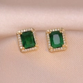 Elegant emerald-cut green zircon stud earrings with white stone halo in gold plating - Emerald Rectangular Style (E0205)