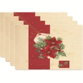 Set of 4 Christmas placemats with poinsettia flowers and red stripes on linen fabric - Style 11