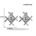 Silver stainless steel geometric cross stud earrings with central metal sphere, 2.56cm size - Silver Ball Geometric