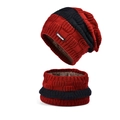 Winter knitted beanie and scarf set in red and black stripes with warm fleece lining - Burgundy