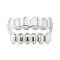 Hip hop silver plated teeth grillz set with top and bottom rows on white background - Full Fangs Style Set / Top Fangs Bottom Fangs Silver Set