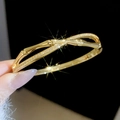 Detail showing 18k gold plated bamboo style bracelet with shimmering inlaid zircon stones - Gold-Bamboo Cross (3#)