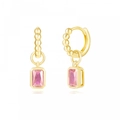 Detailed view of gold beaded hoop earrings with rectangular pink crystal pendants - Beaded Rectangular Stone Pendant Huggies