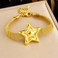 Gold stainless steel mesh chain bracelet featuring a 3D star charm on a beige cushion - Star Pendant Mesh Bracelet (B1688)