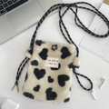 Detail of plush heart pattern mini bag with adjustable cord and brand embroidery - Champagne Hearts