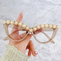 Occhiali da sole cat eye con fiori di perle e strass di cristallo in marrone ambrato - Montatura Champagne Lenti Trasparenti
