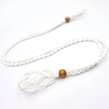 Close-up of white handmade woven net necklace cord with brown adjustable wooden beads - Extra Large Net Pocket (No Stone Included) / White