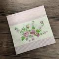 Floral print paper napkins with pink roses and lace borders on a dark wood background - Dusty Pink Small Floral