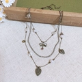 Vintage bohemian triple-layer necklace with bronze heart pendants and white pearls - 55# Necklace - Bronze Heart