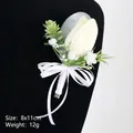 Handmade cream white tulip boutonniere with silk bow and green leaves, 8x11cm size - Tulip Boutonniere Style 1